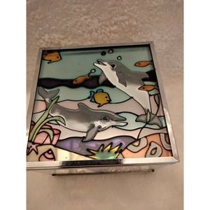 Dolphin Research Center Stained Glass Mirror 4" Square Trinket Box